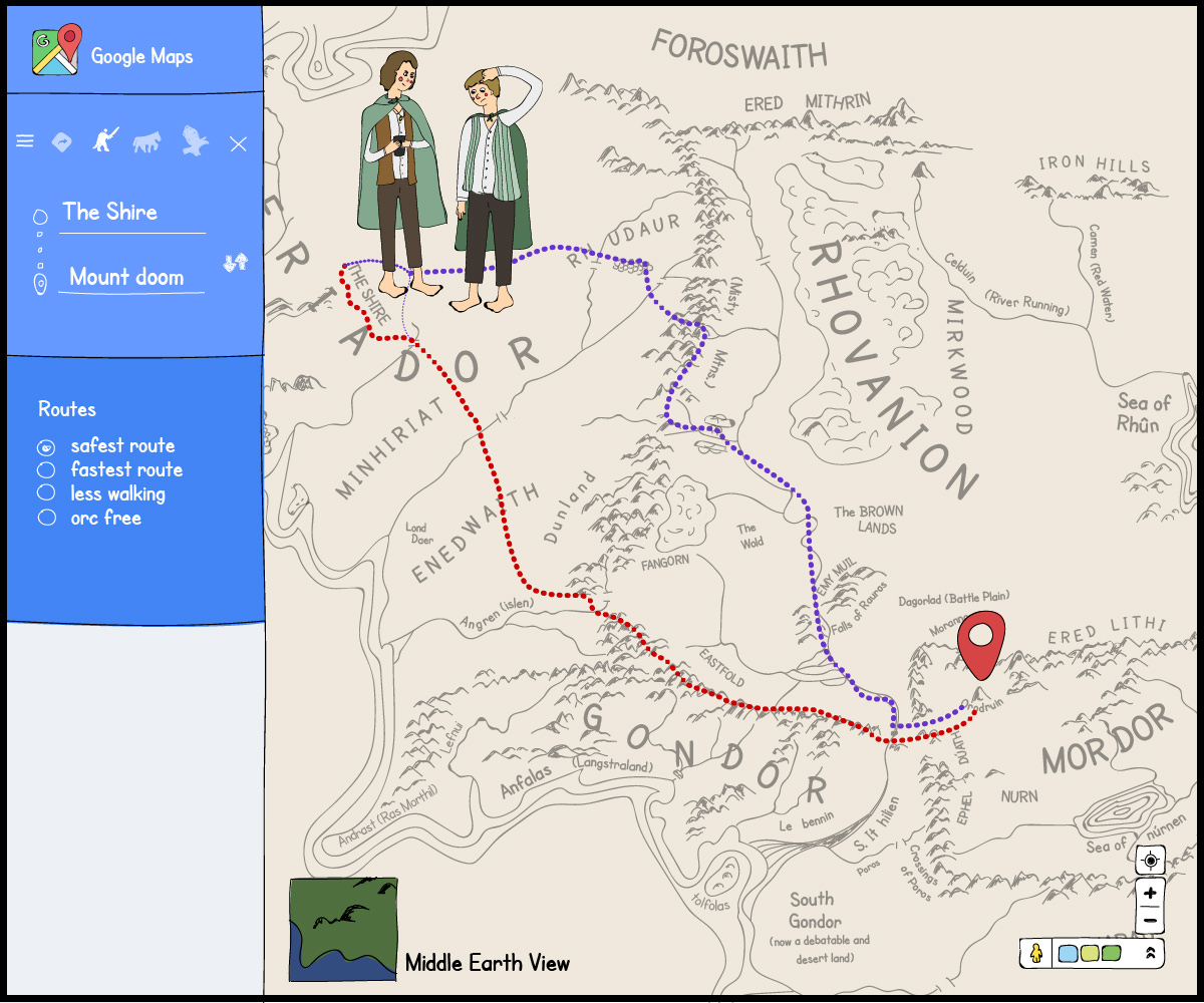 Frodo and Sam using Google Maps